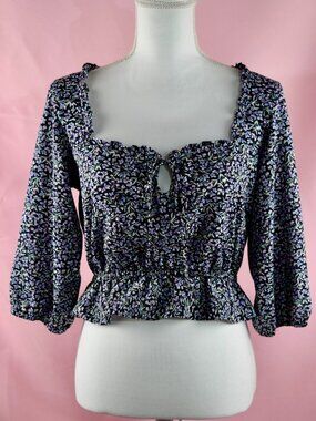 Urban Outfitters Navy Blue Floral Tie-Front Crop Peasant Blouse | Size SP